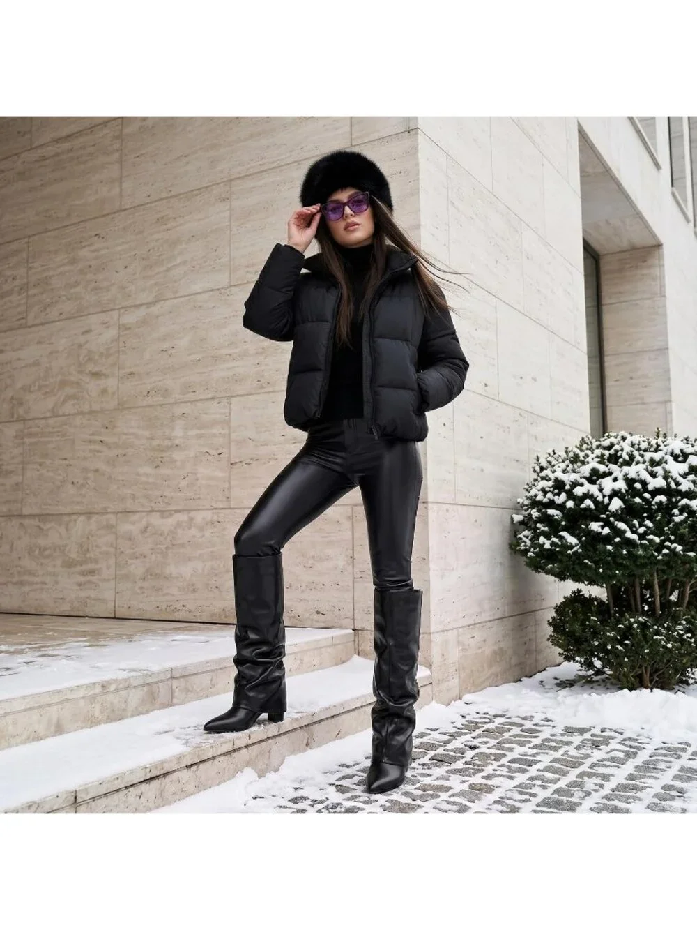 Women's Black Slouchy 1 Pointed Toe Chunky Heel Faux Leather Over The Knee Boots